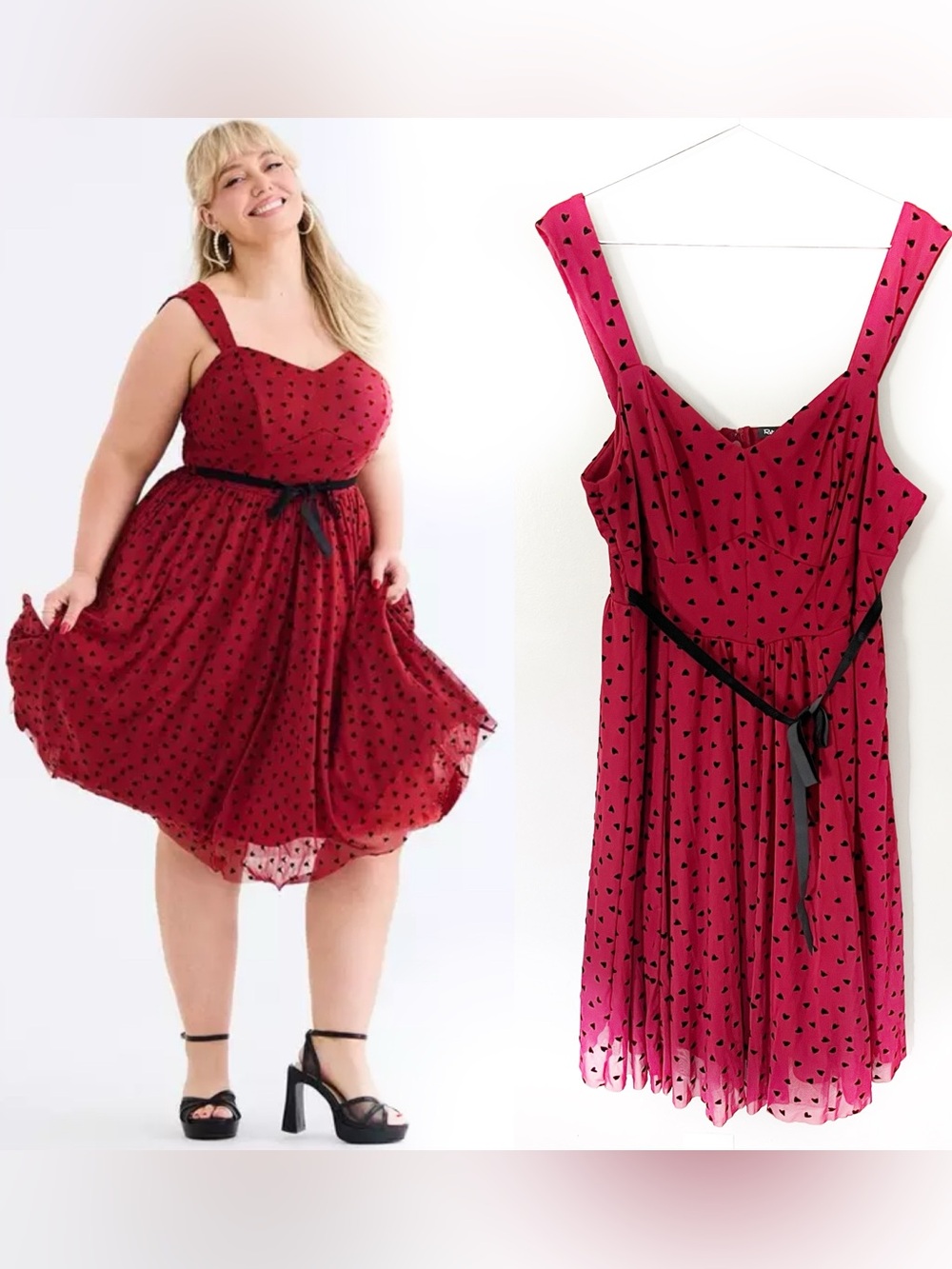 Torrid Retro Chic Red Black Hearts Midi Mesh Swing Dress 22 Rockabilly Pin Up